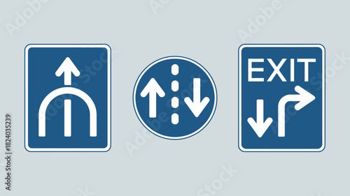 Three blue and white road signs with arrows indicating direction and exit on a gray background surface