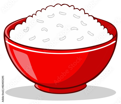 Vibrant red bowl filled with fluffy white rice an essential staple food in simple cartoon illustration style