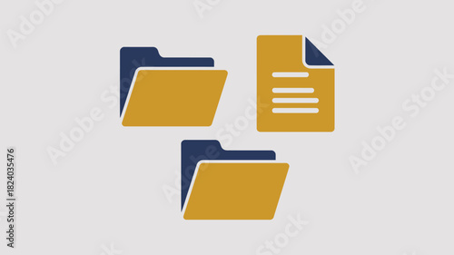 Illustration showing two folders and a document icon on a light gray background in simple graphic style