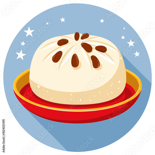 Steamed bun on a plate with decorations in a cartoon style on a blue background with stars, a tasty dish illustration