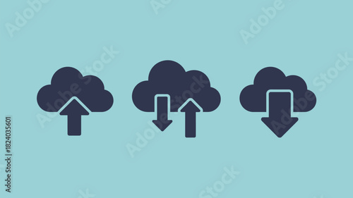 Three cloud icons with upload and download arrows on a light blue background for data transfer use