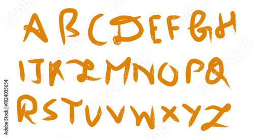 Handdrawn uppercase english alphabet letters in vibrant orange, playful brushstroke style, arranged on a clean, ideal for educational and creative use