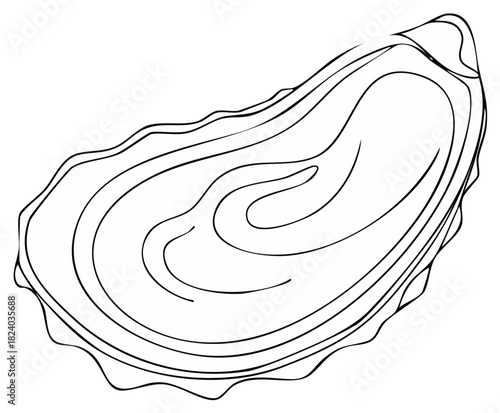 Minimalist black and white line art drawing of an empty oyster shell
