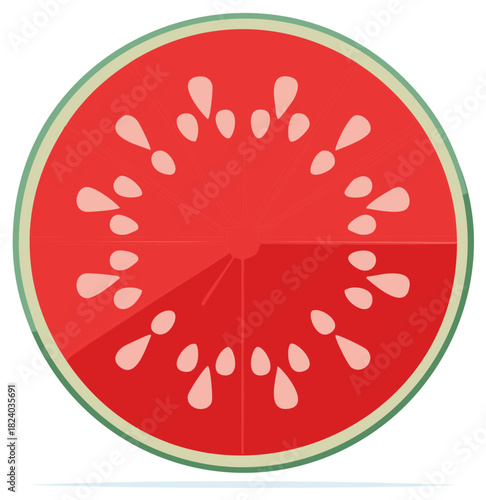 Stylized vector illustration of a round watermelon slice with red flesh and seeds