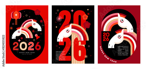 Modern geometric vertical banners for Chinese New Year 2026 - Year of the Horse.