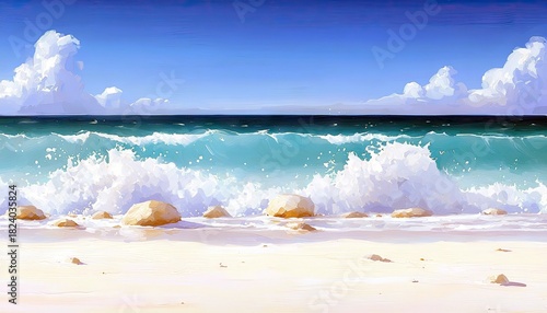 Fototapeta Naklejka Na Ścianę i Meble -  A vibrant scene of a large, turquoise ocean wave crashing onto a sandy beach. Scattered rocks are visible on the shore, with a clear blue sky and fluffy white c