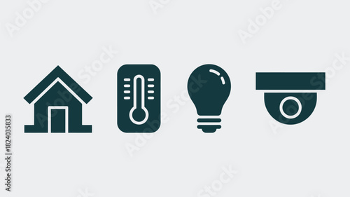 Four dark teal smart home icons arranged in a row on a light gray background in a simple illustration