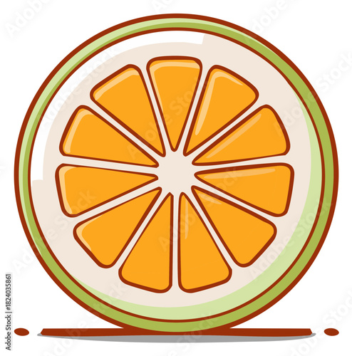 Stylized Orange Slice Illustration with Cartoonish Outlines and Segmented Interior