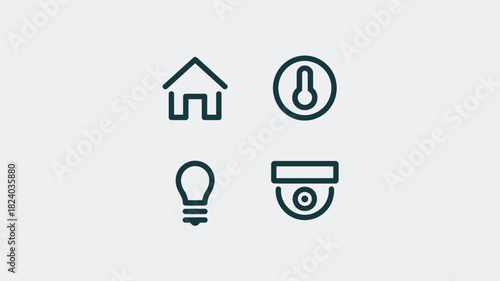 Four simple icons representing home automation on a plain background in a minimalist style design