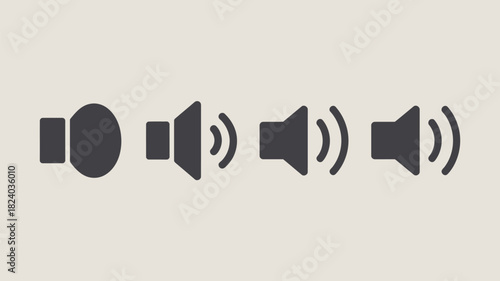 A set of four black speaker icons showing increasing volume on a light beige background in a row format