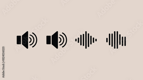 A set of four black sound icons depicting volume and audio waves on a light beige background design element