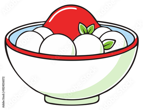 Charming illustration of sweet white dessert balls in a bowl with vibrant red topping and decorative green leaves