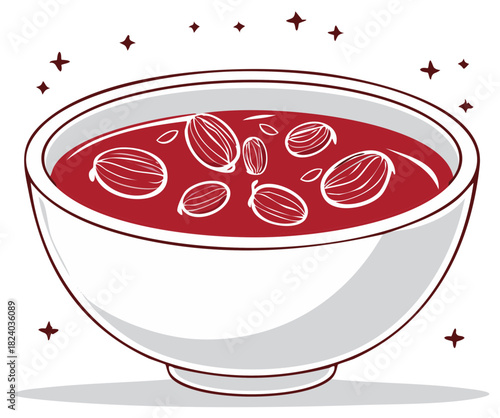 Festive Red Soup with Ornamented Fruits in White Bowl - Holiday Food Illustration