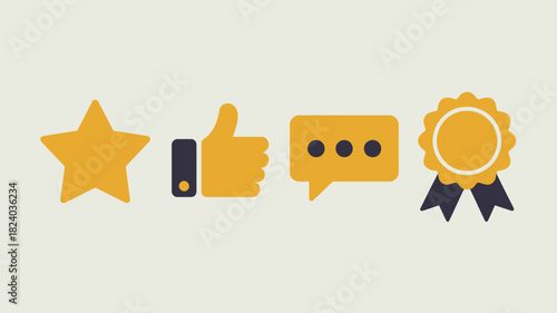 A flat illustration of a star, a thumbs up, a speech bubble, and an award ribbon on a light background