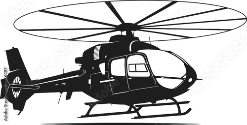 Detailed silhouette vector of a military helicopter with rotor blades, cockpit shape, and tactical profile, clean monochrome illustration ideal for aviation and defense themes.