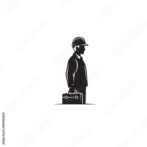 Silhouette of a professional man wearing a hard hat and carrying a briefcase, standing in profile, representing a worker, engineer, or construction manager, isolated on