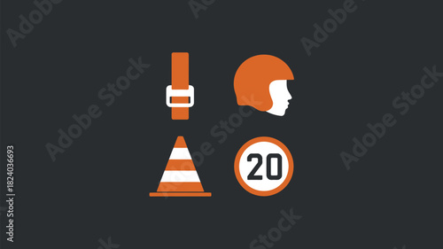 A collection of orange and white road safety icons including a helmet cone and speed limit sign
