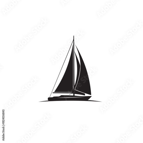 Sleek sailboat silhouette gracefully glides across the water, its sails full, embodying freedom and adventure on the open sea, isolated on