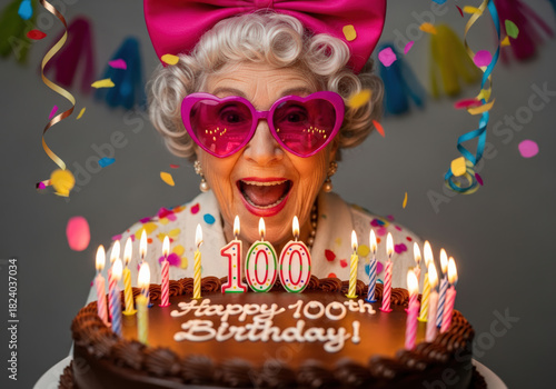 A Joyful Centenarian: A Stylish and Exuberant Senior Woman Celebrates Her 100th Birthday with a Candlelit Cake