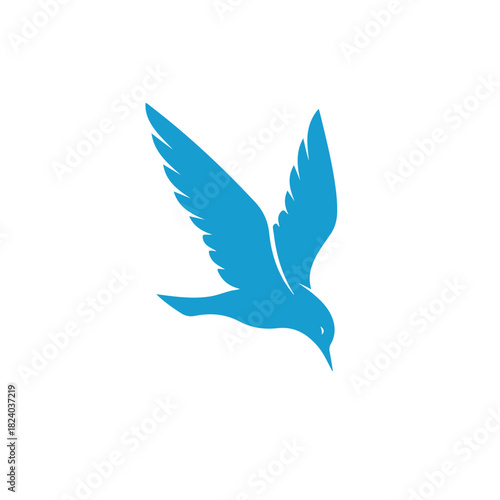 A stylized blue bird in midflight, with wings spread and head pointing downwards, creating a sense of graceful descent or focused movement, isolated on