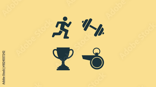 An illustration with a runner dumbbell trophy and whistle on a yellow background in a simple style