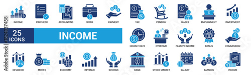 Income icon set. Containing paycheck, accounting, work, payment, tax, pension, wages, employment, investment, overtime and more. Solid vector icons collection.