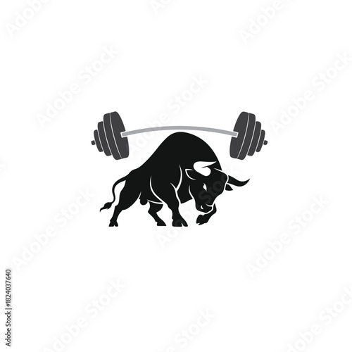 Striking black bull silhouette with a heavy barbell on its back, embodying immense strength, power, and the spirit of a challenging fitness regimen, isolated on