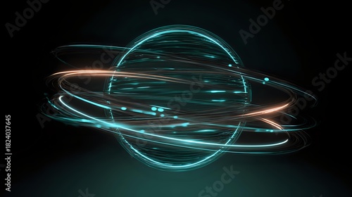 Abstract glowing sphere with light trails futuristic technology concept dynamic energy flow on a dark background