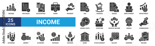 Income icon set. Containing paycheck, accounting, work, payment, tax, pension, wages, employment, investment, overtime and more. Glyph vector icons collection.