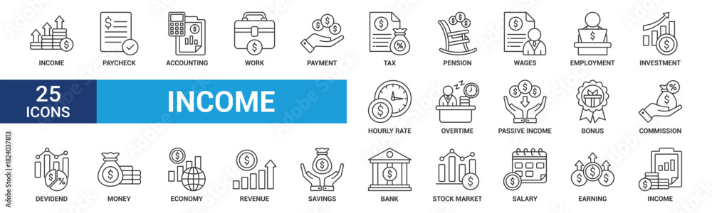 © Squadfire - Income icon set. Containing paycheck, accounting, work, payment, tax, pension, wages, employment, investment, overtime and more. Line vector icons collection. © Squadfire - Income icon set. Containing paycheck, accounting, work, payment, tax, pension, wages, employment, investment, overtime and more. Line vector icons collection.
