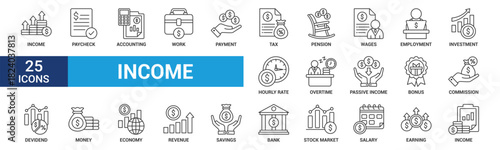 Income icon set. Containing paycheck, accounting, work, payment, tax, pension, wages, employment, investment, overtime and more. Line vector icons collection.