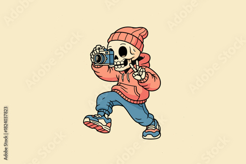 Skeleton character taking a photo with a vintage camera.