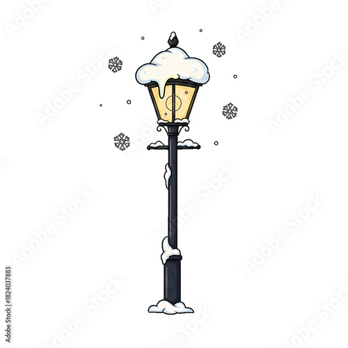 A tall vintage streetlamp covered in snowflakes on a cold winter night.