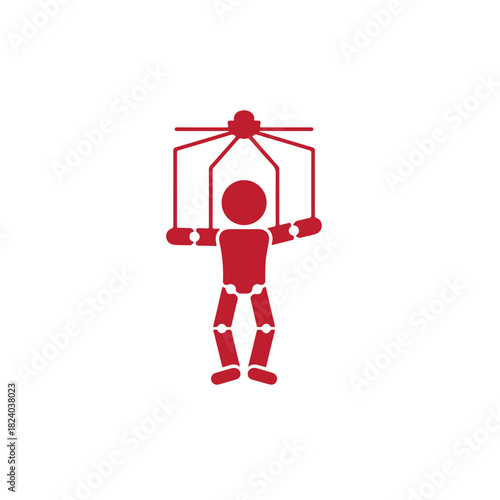A striking red puppet icon, depicted with strings attached to its head and arms, clearly illustrating themes of control, manipulation, and dependency, isolated on