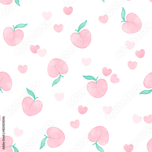Watercolor peach and heart seamless pattern vector. Cute pink hearts background. Design for valentine day, graphic, wrapping, paper, print, card, cover, fabric, kid cloth, baby dress, decor.