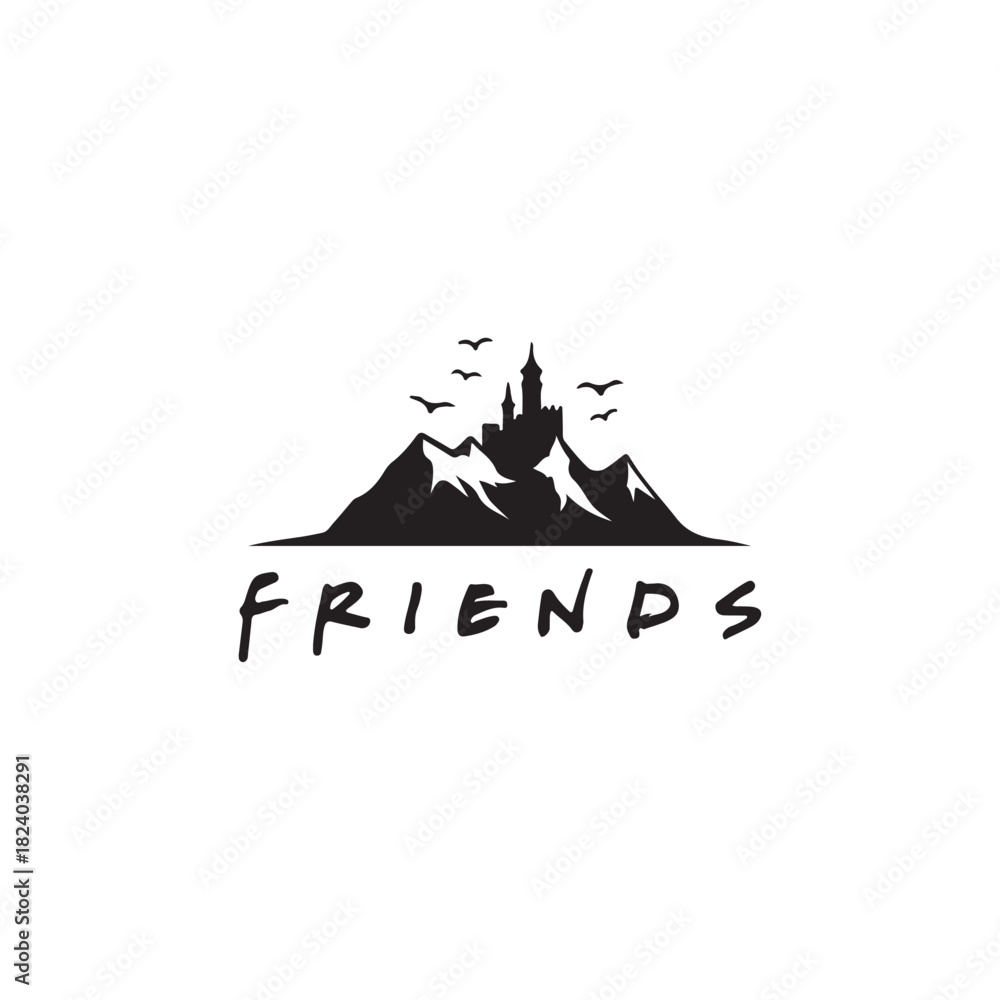 Obraz premium A stylized black silhouette of mountains with a castle on the peak, birds flying, and the word friends below, isolated on