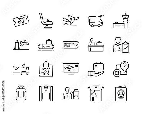 A comprehensive set of modern line icons depicting various aspects of airport procedures, travel experiences, and essential aviation services, perfect for web and print. Vector, illustration