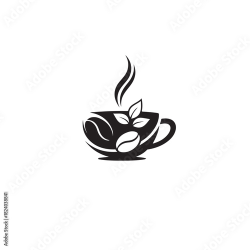 Coffee cup with steam, coffee beans, and leaves, symbolizing a blend of natural flavors and a warm beverage experience, isolated on
