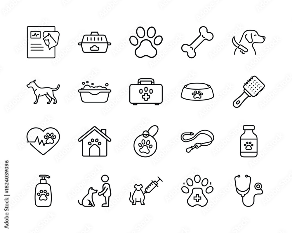 Fototapeta premium Veterinary pet care icons, set of 20 vector line illustrations for animal clinic, dog grooming and pet health services, professional medical symbols vector