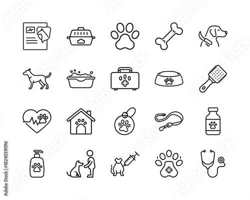 Collection of outline dog and pet care icons including veterinary services, grooming, food, accessories, health, and general animal welfare symbols. Vector, illustration