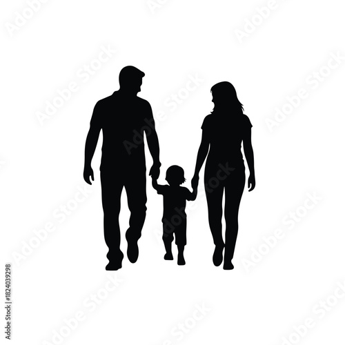 A silhouette of a happy family, including a father, mother, and their young child, walking handinhand, symbolizing unity, love, and togetherness, isolated on