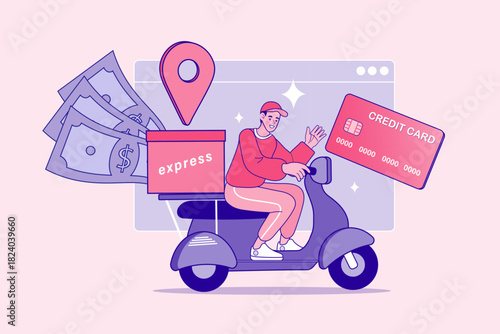 Delivery man on scooter with express package and location pin. Concept of fast shipping service with cash and credit card payment. Vector illustration of logistics courier.