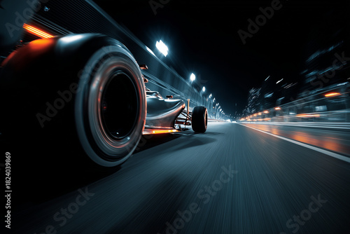 Formula 1 racing car speeds along the night road in the dark in motion with a close view of the rear wheel, with space for text