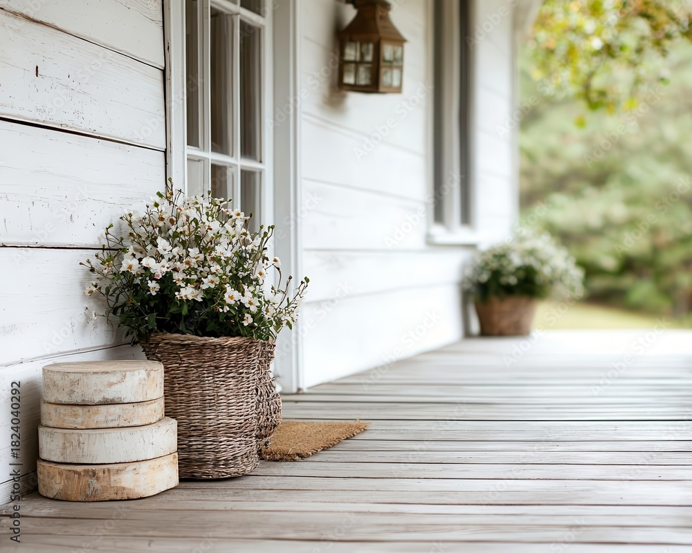 Naklejka premium Wooden home with flowerfilled boxes, soft glow, and rustic porch arrangement