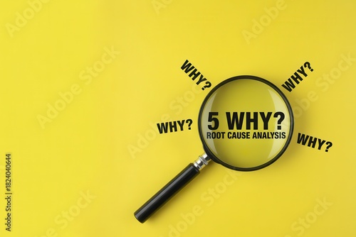 Magnifying glass over text 5 why for root cause analysis