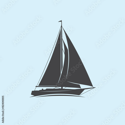 A sleek sailboat glides gracefully across the calm, light blue waters, its dark sails catching the gentle breeze, symbolizing freedom, adventure, and the serene beauty of marine exploration