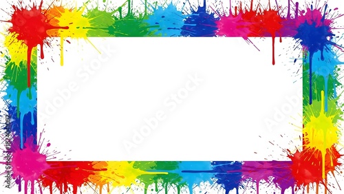 Vibrant Rainbow Paint Splatter Frame with White Copy Space perfect for website banner, social media post, invitation card, poster design, flyer template,