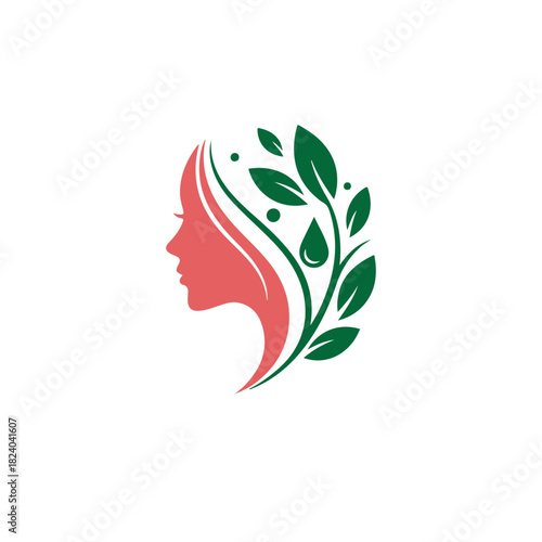 Elegant womans profile logo with flowing hair, green leaves, and a water drop, symbolizing natural beauty, organic wellness, health, spa, and ecological balance, isolated on