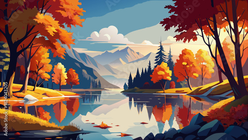 Very beautiful picturesque lake reflecting fiery autumn foliage, creating a stunning panoramic view of vibrant red, orange, and golden leaves, capturing the serene beauty of the leafy season in a stoc
