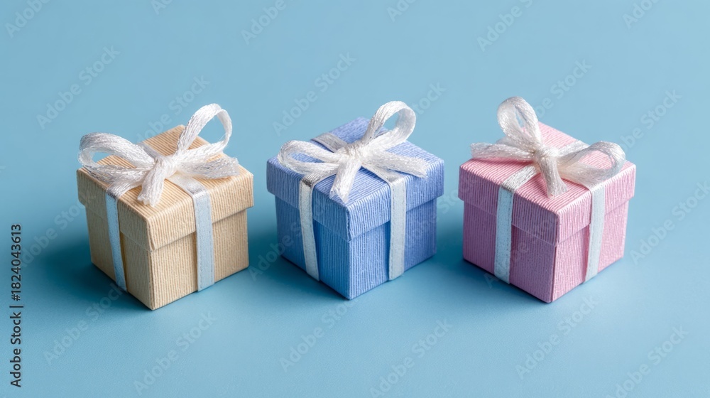 Obraz premium Three small gift boxes in pastel colors with white ribbons on a blue background.